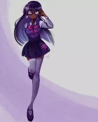 Size: 1080x1350 | Tagged: safe, artist:strawbunnyarts, derpibooru import, twilight sparkle, human, blackwashing, bowtie, clothes, dark skin, female, full body, g4, glasses, humanized, image, jpeg, looking up, mary janes, purple eyes, shoes, simple background, skirt, smiling, socks, solo, solo female, sparkles, sweater vest, thigh highs