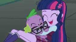 Size: 3410x1920 | Tagged: safe, derpibooru import, screencap, sci-twi, spike, spike the regular dog, twilight sparkle, dog, equestria girls, friendship games, ^^, cute, eyes closed, female, glasses, high res, hug, image, jpeg, male, mouth hold, open mouth, open smile, smiling, spikabetes, twiabetes
