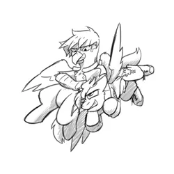 Size: 4000x4000 | Tagged: safe, artist:captainhoers, derpibooru import, oc, oc:concorde, unofficial characters only, gryphon, pegasus, pony, duo, grayscale, griffon oc, grin, headlock, image, jpeg, monochrome, noogie, offspring, parent:soarin', parent:spitfire, parents:soarinfire, simple background, smiling, white background