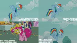 Size: 1280x720 | Tagged: safe, derpibooru import, edit, edited screencap, editor:quoterific, screencap, bon bon, pinkie pie, rainbow dash, sweetie drops, earth pony, pegasus, pony, unicorn, season 7, secrets and pies, female, floppy ears, flying, food, image, jpeg, male, mare, open mouth, open smile, pie, smiling, spread wings, stallion, text, wings