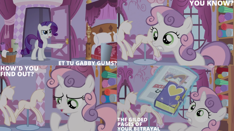 Size: 1280x720 | Tagged: safe, derpibooru import, edit, edited screencap, editor:quoterific, screencap, rarity, sweetie belle, pony, unicorn, ponyville confidential, season 2, book, carousel boutique, duo, female, filly, foal, image, magic, mannequin, mare, open mouth, png, telekinesis, text