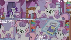 Size: 1280x720 | Tagged: safe, derpibooru import, edit, edited screencap, editor:quoterific, screencap, rarity, sweetie belle, pony, unicorn, ponyville confidential, season 2, book, carousel boutique, duo, female, filly, foal, image, magic, mannequin, mare, open mouth, png, telekinesis, text