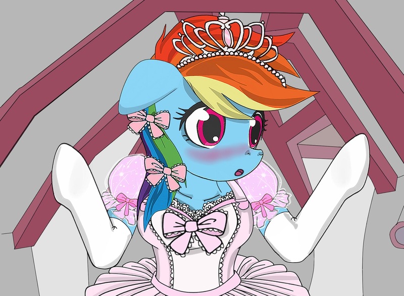 Size: 2000x1468 | Tagged: safe, artist:avchonline, derpibooru import, rainbow dash, pegasus, pony, semi-anthro, alice in wonderland, ballerina, blushing, breasts, clothes, crossover, cute, dashabetes, dress, female, floppy ears, food, image, jewelry, jpeg, mare, multicolored hair, panties, pink panties, rainbow dash always dresses in style, rainbowrina, tiara, tomboy taming, underwear