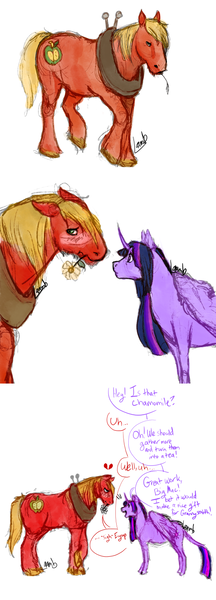 Size: 500x1386 | Tagged: safe, artist:misslaamb, derpibooru import, big macintosh, twilight sparkle, twilight sparkle (alicorn), alicorn, earth pony, pony, blushing, comic, dialogue, duo, female, flower, flower in mouth, gay, image, male, mare, mouth hold, oblivious, png, shipping, simple background, size difference, stallion, stallion on stallion, straight, twimac, white background