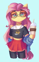 Size: 2576x4096 | Tagged: safe, artist:saxopi, derpibooru import, fluttershy, pegasus, semi-anthro, belly, belly button, blue background, cheek fluff, clothes, colored pupils, drinking straw, eyebrows, eyebrows visible through hair, eyelashes, female, glasses, high res, image, jewelry, jpeg, leggings, looking at you, milkshake, pendant, plastic cup, round glasses, simple background, skirt, solo, standing, wing fluff, wings