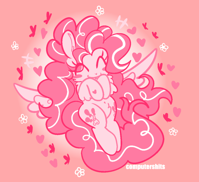 Size: 1010x928 | Tagged: safe, artist:computershits, derpibooru import, pinkie pie, butterfly, insect, pegasus, ^^, belly button, eyes closed, female, flower, fluffy mane, flying, happy, heart, hoof heart, image, pegasus pinkie pie, png, poofy mane, race swap, solo, spread wings, watermark, wings