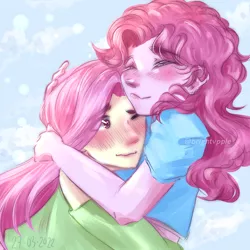 Size: 2500x2500 | Tagged: safe, artist:rmariansj, derpibooru import, fluttershy, pinkie pie, human, blushing, blushing profusely, duo, duo female, eyes closed, female, flutterpie, high res, hug, humanized, image, lesbian, one eye closed, png, pony coloring, shipping, smiling, wavy mouth