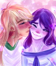 Size: 3000x3500 | Tagged: safe, artist:rmariansj, derpibooru import, applejack, rarity, equestria girls, abstract background, blushing, blushing profusely, duo, duo female, eyes closed, female, high res, image, kiss on the cheek, kissing, lesbian, png, rarijack, shipping, smiling