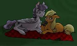 Size: 3500x2089 | Tagged: safe, artist:sandieflower, derpibooru import, applejack, inky rose, earth pony, pegasus, pony, blanket, date, drinking, duo, duo female, female, glass, image, inkyjack, jpeg, lesbian, lying down, mare, prone, shipping, wine glass