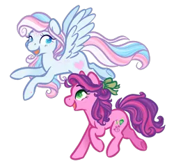 Size: 1905x1821 | Tagged: safe, artist:howdyhorsey, derpibooru import, skywishes, star catcher, earth pony, pegasus, pony, blue hair, bow, curly hair, duo, duo female, female, flying, g3, hair bow, happy, image, lesbian, long mane, looking at each other, looking at someone, mare, multicolored hair, multicolored mane, pink coat, pink hair, png, purple hair, running, simple background, smiling, stylized, transparent background, white coat, white hair