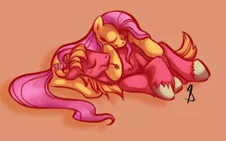 Size: 3053x1900 | Tagged: safe, artist:littletiger488, color edit, derpibooru import, edit, big macintosh, fluttershy, earth pony, pony, brown background, colored, cuddling, female, fluttermac, image, lying down, male, mare, png, shipping, simple background, sleeping, smiling, stallion, straight, straw in mouth