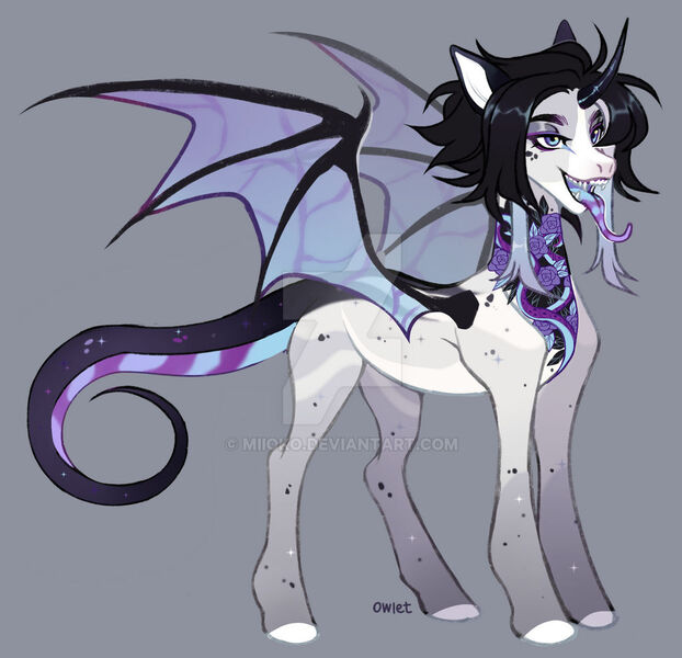 Size: 1024x987 | Tagged: safe, artist:miioko, derpibooru import, oc, unofficial characters only, alicorn, bat pony, bat pony alicorn, pony, bat pony oc, bat wings, deviantart watermark, female, gray background, horn, image, jpeg, makeup, mare, obtrusive watermark, simple background, solo, tongue out, watermark, wings