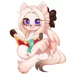 Size: 1024x1024 | Tagged: safe, artist:miioko, derpibooru import, oc, unofficial characters only, pegasus, pony, bow, commission, deviantart watermark, female, hair bow, hoof fluff, hoof polish, image, jpeg, mare, obtrusive watermark, pegasus oc, reading, simple background, sitting, solo, watermark, white background, wings, ych result