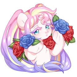 Size: 1024x1024 | Tagged: safe, artist:miioko, derpibooru import, oc, unofficial characters only, pony, unicorn, bust, commission, deviantart watermark, eyelashes, female, flower, horn, image, mare, obtrusive watermark, png, rose, simple background, solo, transparent background, unicorn oc, watermark, ych result