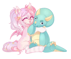 Size: 1024x859 | Tagged: safe, artist:miioko, derpibooru import, oc, unofficial characters only, bat pony, dinosaur, pony, bat pony oc, bat wings, bow, clothes, deviantart watermark, eyelashes, female, hair bow, hug, image, mare, obtrusive watermark, plushie, png, socks, solo, striped socks, watermark, wings