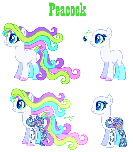 Size: 835x957 | Tagged: safe, artist:tuttyfruitcutie, derpibooru import, bird, earth pony, peacock, pony, art pony, blue eyes, colored hooves, curly hair, eyeshadow, flowing mane, g3, g3 to g4, g4, generation leap, gradient legs, green eyeshadow, image, long mane, makeup, multicolored hair, multicolored mane, neon, neon pony, peacock pony, png, redesign, reference sheet, simple background, solo, transparent background, white body