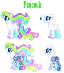 Size: 835x957 | Tagged: safe, artist:tuttyfruitcutie, derpibooru import, bird, earth pony, peacock, pony, art pony, blue eyes, colored hooves, curly hair, eyeshadow, flowing mane, g3, g3 to g4, g4, generation leap, gradient legs, green eyeshadow, image, long mane, makeup, multicolored hair, multicolored mane, neon, neon pony, peacock pony, png, redesign, reference sheet, simple background, solo, transparent background, white body