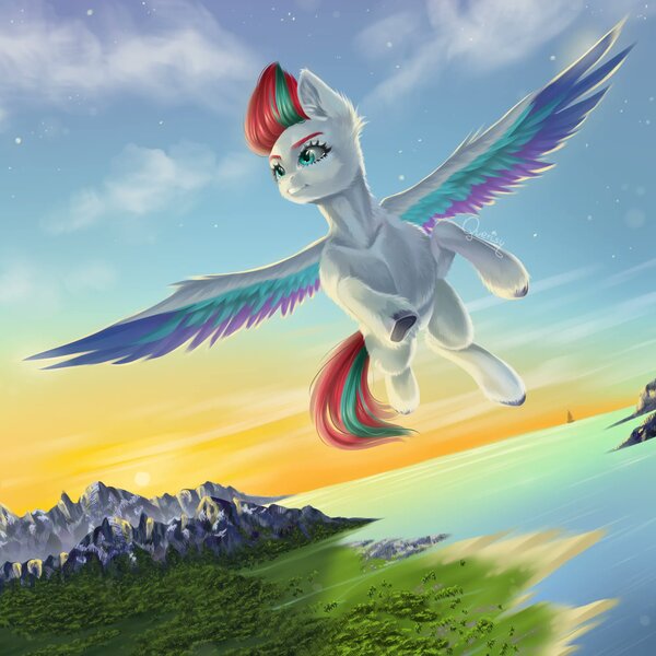 Size: 2000x2000 | Tagged: safe, artist:querisyart, derpibooru import, zipp storm, pegasus, flying, g5, image, jpeg, mountain, ocean, sky, solo, water