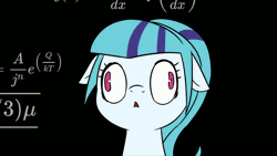 Size: 960x540 | Tagged: safe, artist:doublewbrothers, derpibooru import, editor:flynnmlp, sonata dusk, earth pony, pony, equestria girls, animated, black background, confused, female, floppy ears, gif, image, mare, math, math lady meme, simple background, solo, staring at you, thinking