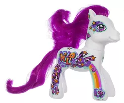 Size: 1024x853 | Tagged: safe, derpibooru import, earth pony, pony, art pony, body markings, eyeshadow, facial markings, g3, graffiti, grafitti pony, heart, image, jpeg, makeup, merchandise, photo, purple eyes, purple hair, purple mane, rainbow, san diego comic con, simple background, solo, stars, toy, white background, white coat