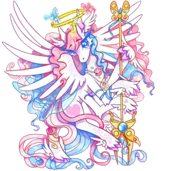 Size: 1536x1536 | Tagged: safe, artist:anyponyrequests, derpibooru import, star catcher, breezie, pegasus, pony, accessories, angel, angelic wings, blue eyes, blue mane, colored hooves, eyelashes, fairy wings, four wings, g3, g3 to g4, g4, generation leap, goddess, halo, image, jewelry, multicolored mane, multiple wings, necklace, pink mane, png, simple background, solo, spread wings, tall, teary eyes, transparent background, unshorn fetlocks, winged hooves, wings