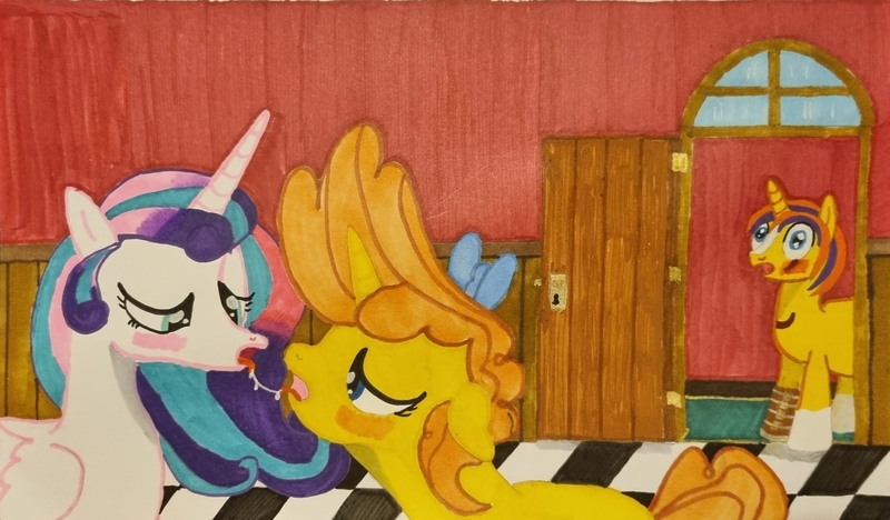Size: 2812x1645 | Tagged: suggestive, artist:magicnova, derpibooru import, princess flurry heart, pumpkin cake, oc, oc:starfire blaze, alicorn, pony, unicorn, amputee, blushing, bow, caption, carpet, caught, checkered floor, derpibooru exclusive, door, drool, drool string, eye scar, female, floppy ears, image, image macro, jpeg, lesbian, lesbian in front of boys, looking at each other, looking at someone, male, mare, offspring, older, older flurry heart, older pumpkin cake, parent:starlight glimmer, parent:sunburst, parents:starburst, prosthetic leg, prosthetic limb, prosthetics, pumpkin heart, scar, shipping, shocked, shocked expression, shocked eyes, stallion, text, traditional art, window