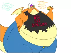Size: 7684x5727 | Tagged: safe, artist:princebluemoon3, derpibooru import, smolder, dragon, absurd resolution, belly, big belly, burger, clothes, dialogue, digital art, dragoness, fat, female, food, huge belly, image, implied ocellus, jeans, jpeg, midriff, misspelling, obese, offscreen character, pants, ripped, ripped shirt, sblobder, shirt, simple background, solo, solo female, weight gain, white background