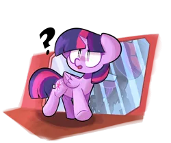 Size: 2400x2000 | Tagged: safe, artist:ronin20181, derpibooru import, twilight sparkle, twilight sparkle (alicorn), alicorn, changeling, pony, disguise, disguised changeling, female, image, mirror, partial background, png, question mark, simple background, solo, transparent background