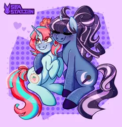 Size: 1440x1494 | Tagged: safe, artist:seasemissary, derpibooru import, oc, oc:aruna dazzle, oc:strawberry stitches, unofficial characters only, pony, unicorn, female, image, jpeg, mare