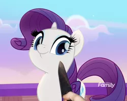 Size: 1358x1088 | Tagged: safe, derpibooru import, edit, edited screencap, screencap, rarity, human, pony, rainbow roadtrip, female, horn, image, jpeg, knife, knife cat, looking at you, mare, meme