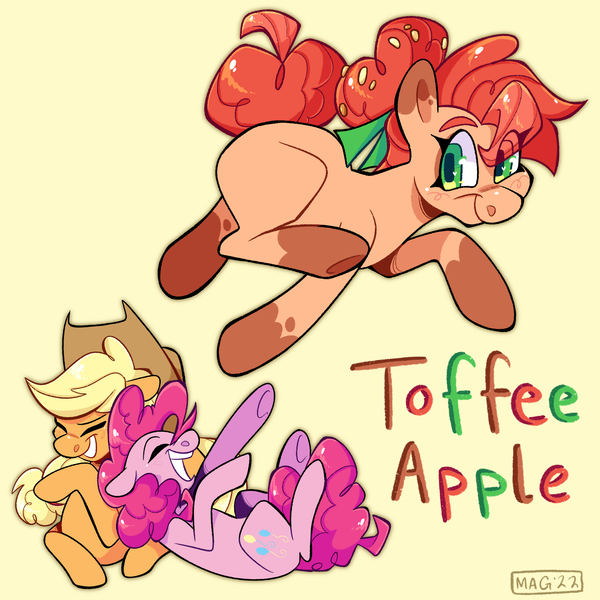 Size: 2048x2048 | Tagged: safe, artist:3ggmilky, derpibooru import, applejack, pinkie pie, oc, oc:toffee apple, earth pony, pony, applepie, earth pony oc, female, image, laughing, lesbian, magical lesbian spawn, offspring, parent:applejack, parent:pinkie pie, parents:applepie, png, shipping, simple background