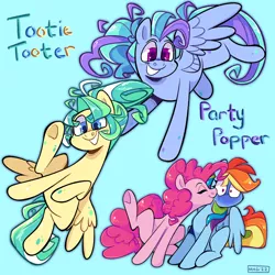 Size: 2048x2048 | Tagged: safe, artist:3ggmilky, derpibooru import, pinkie pie, rainbow dash, oc, oc:party popper, oc:tootie tooter, earth pony, pegasus, pony, blue background, female, image, lesbian, magical lesbian spawn, offspring, parent rainbow dash, parent:pinkie pie, parent:rainbow dash, parents:pinkiedash, pegasus oc, pinkiedash, png, shipping, simple background, wings