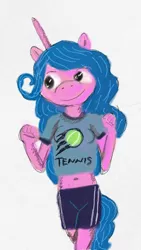 Size: 1080x1920 | Tagged: safe, artist:kaykeyser, derpibooru import, izzy moonbow, anthro, unicorn, ball, clothes, female, g5, image, izzy's tennis ball, jpeg, shirt, shorts, simple background, smiling, solo, tennis ball