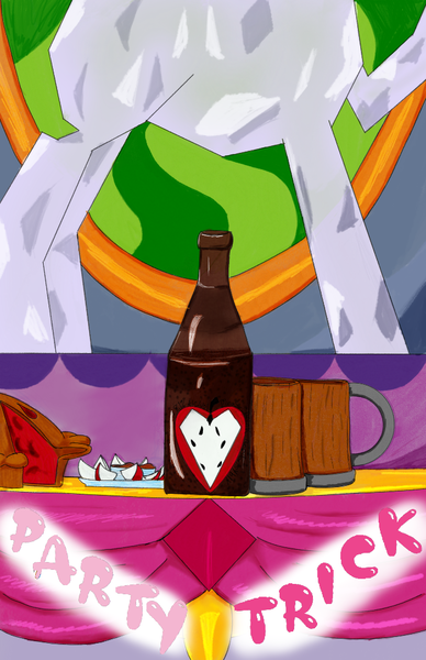 Size: 663x1024 | Tagged: safe, artist:mrleft, derpibooru import, comic:party trick, apple, apple pie, apple slice, cider, comic, curtains, food, image, mug, pie, png, promo, statue, text