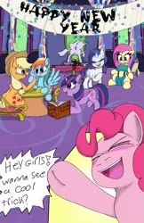 Size: 663x1024 | Tagged: safe, artist:mrleft, derpibooru import, applejack, fluttershy, pinkie pie, rainbow dash, rarity, twilight sparkle, twilight sparkle (alicorn), alicorn, earth pony, pegasus, pony, unicorn, comic:party trick, banner, blushing, book, clothes, comic, dialogue, eyes closed, eyeshadow, floppy ears, hoofwrestle, image, looking into each others eyes, magic, makeup, open mouth, open smile, png, sitting, smiling, spread wings, statue, telekinesis, tongue out, twilight's castle, wavy mouth, wings, yelling