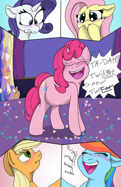 Size: 663x1024 | Tagged: suggestive, artist:mrleft, derpibooru import, applejack, fluttershy, pinkie pie, rainbow dash, rarity, twilight sparkle, twilight sparkle (alicorn), alicorn, earth pony, pegasus, pony, unicorn, comic:party trick, :d, :t, blushing, comic, covering mouth, dialogue, digestion, eyes closed, fat, floppy ears, image, instant digestion, laughing, onomatopoeia, open mouth, open smile, oral vore, png, preylight, pudgy pie, pun, smiling, twilight's castle, varying degrees of want, vore, wavy mouth, worried