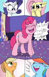 Size: 663x1024 | Tagged: suggestive, artist:mrleft, derpibooru import, applejack, fluttershy, pinkie pie, rainbow dash, rarity, twilight sparkle, twilight sparkle (alicorn), alicorn, earth pony, pegasus, pony, unicorn, comic:party trick, :d, :t, blushing, comic, covering mouth, dialogue, digestion, eyes closed, fat, floppy ears, image, instant digestion, laughing, onomatopoeia, open mouth, open smile, oral vore, png, preylight, pudgy pie, pun, smiling, twilight's castle, varying degrees of want, vore, wavy mouth, worried