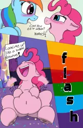 Size: 663x1024 | Tagged: suggestive, artist:mrleft, derpibooru import, pinkie pie, rainbow dash, twilight sparkle, twilight sparkle (alicorn), alicorn, earth pony, pegasus, pony, comic:party trick, :d, belly button, blushing, comic, dialogue, digestion, eyes closed, fat, floppy ears, image, instant digestion, lidded eyes, onomatopoeia, open mouth, open smile, oral vore, png, pudgy pie, smiling, twilight's castle, vore