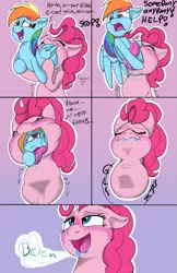 Size: 663x1024 | Tagged: suggestive, artist:mrleft, derpibooru import, applejack, fluttershy, pinkie pie, rainbow dash, rarity, twilight sparkle, twilight sparkle (alicorn), alicorn, earth pony, pegasus, pony, unicorn, comic:party trick, ahegao, anal vore, blushing, burp, comic, crying, desperation, digestion, drool, drool string, eyes closed, fat, fetish, floating heart, floppy ears, gradient background, heart, image, instant digestion, karma, multiple prey, nervous, onomatopoeia, open mouth, oral vore, png, prehensile tongue, pudgy pie, question mark, simple background, smiling, smirk, tongue out, unbirthing, vore, worried, yelling