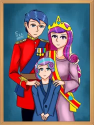 Size: 768x1024 | Tagged: safe, artist:lencai123, derpibooru import, princess cadance, princess flurry heart, shining armor, human, clothes, crown, female, humanized, image, jewelry, jpeg, male, regalia, trio, uniform