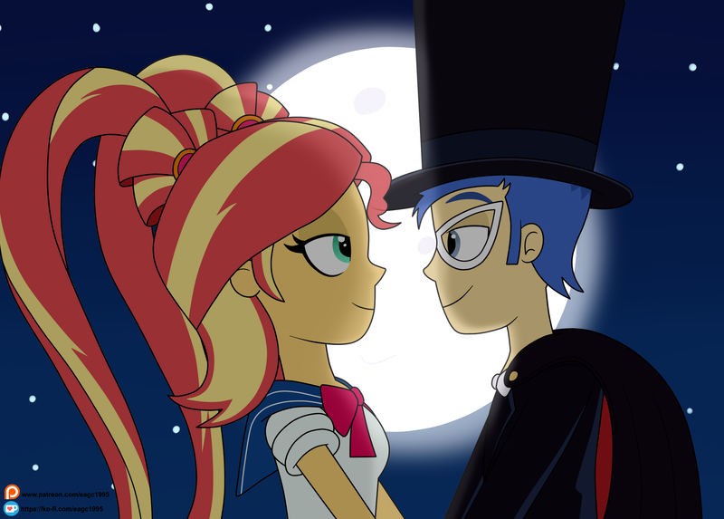 Size: 2737x1961 | Tagged: safe, artist:eagc7, derpibooru import, flash sentry, sunset shimmer, equestria girls, clothes, commission, domino mask, duo, female, flashshimmer, hat, image, ko-fi, looking at each other, looking at someone, male, mask, moon, night, patreon, png, sailor moon, shipping, straight, top hat, tuxedo mask