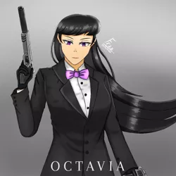 Size: 1024x1024 | Tagged: safe, artist:lencai123, derpibooru import, octavia melody, human, bowtie, clothes, female, gradient background, gun, handgun, hitman, humanized, image, jpeg, pistol, silencer, solo, suit, weapon