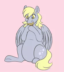 Size: 2015x2239 | Tagged: safe, artist:bellbell123, derpibooru import, derpy hooves, pegasus, pony, aderpose, chubby, cute, eating, fat, female, food, image, jpeg, muffin, pink background, simple background, solo, that pony sure does love muffins