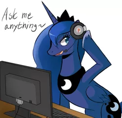 Size: 679x655 | Tagged: dead source, safe, artist:sallymon, derpibooru import, princess luna, alicorn, pony, ask gamer luna, gamer luna, 2012, ama, computer, desktop, female, gaming, headset, image, mare, nostalgia, png, simple background, white background