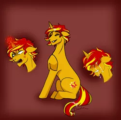 Size: 4190x4159 | Tagged: safe, artist:daazzlin, derpibooru import, sunset shimmer, pony, unicorn, angry, crying, glow, glowing horn, horn, image, male, open mouth, png, rule 63, solo, stallion, sunset glare