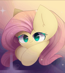 Size: 888x1000 | Tagged: safe, artist:miryelis, derpibooru import, fluttershy, pegasus, pony, animated, big eyes, cute, female, gif, heart, image, lies, looking at you, smiling, smiling at you, solo