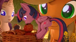 Size: 3840x2160 | Tagged: safe, artist:sylthena, derpibooru import, applejack, rarity, twilight sparkle, alicorn, earth pony, pony, unicorn, 3d, apple, apple basket, basket, camping, eating, female, flower, folded wings, food, forest, glow, glowing eyes, grass, image, lesbian, micro, png, rarijack, romantic, shipping, shrinking, source filmmaker, stealing, tail, thief, tree, wings
