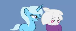 Size: 1280x523 | Tagged: safe, artist:disneyponyfan, derpibooru import, trixie, oc, pony, unicorn, blue background, colored pupils, duo, female, frown, horn, image, jpeg, lidded eyes, mare, open mouth, open smile, simple background, smiling, tail