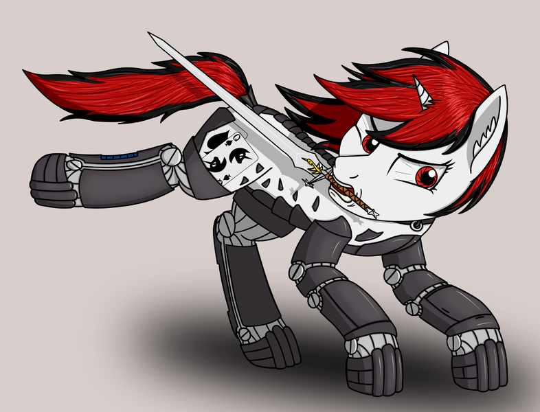 Size: 2263x1728 | Tagged: safe, artist:enteryourponyname, derpibooru import, oc, oc:blackjack, unofficial characters only, cyborg, pony, unicorn, fallout equestria, fallout equestria: project horizons, angry, augmented, cyber eyes, cyber legs, ear fluff, fanfic art, female, horn, image, mare, png, prosthetics, simple background, small horn, solo, sword, weapon