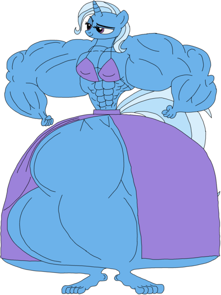 Size: 2448x3264 | Tagged: questionable, artist:hubfanlover678, derpibooru import, trixie, anthro, plantigrade anthro, unicorn, abs, feet, female, full body, high res, horn, image, lidded eyes, muscles, muscular female, overdeveloped muscles, png, raised eyebrow, simple background, smiling, solo, white background